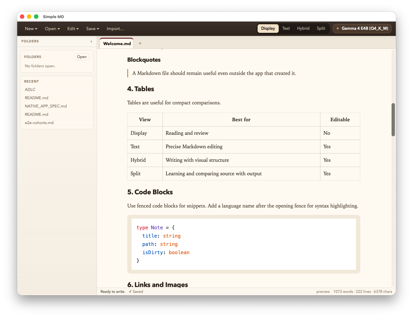 Display mode rendering a long Markdown document with tables, code blocks, and the sidebar open