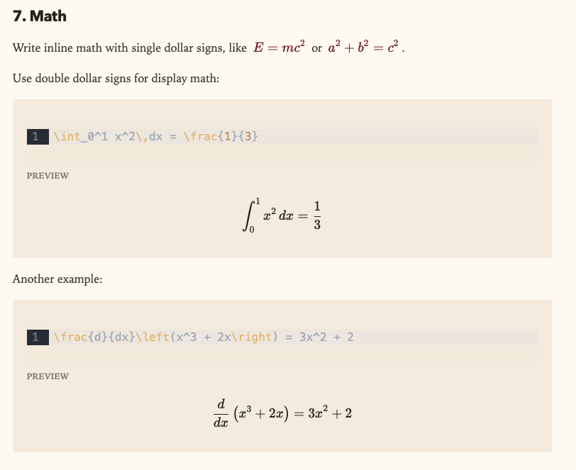 Inline LaTeX and block equations rendered crisply with KaTeX in Simple MD